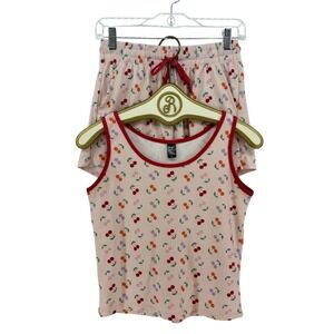 POP Fit x Cheek Boss Pajama Set XS Cherry Print Tank Top Shorts Pink Sleep